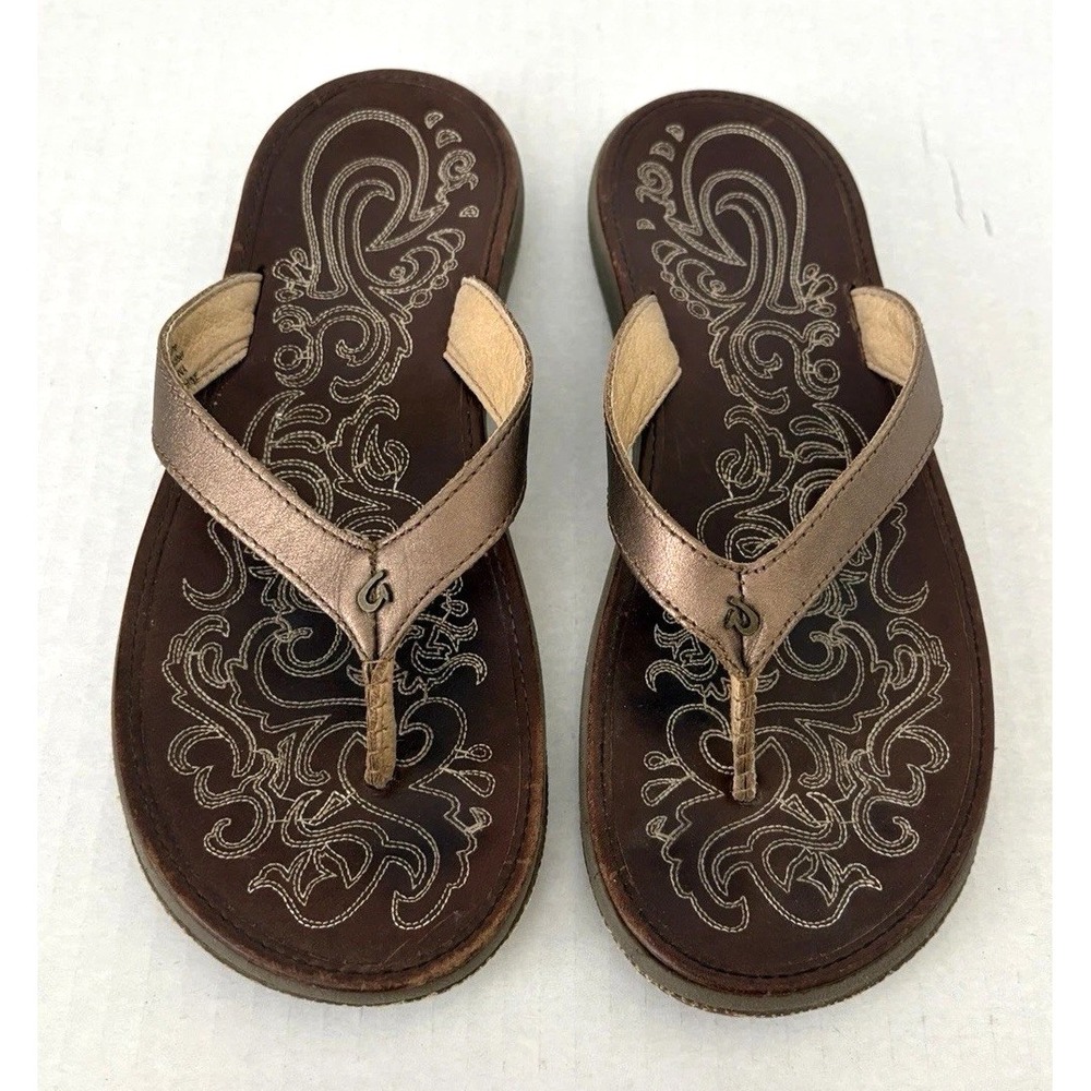 Olukai Paniolo Metallic Bronze Leather Sandals Flip Flops Women's 9 *Worn Once